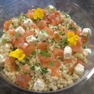 Parelcouscous - Ambachtelijke zalm - Boursindruppels